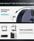 Diagram of Go-To Flexible 1.75mm TPU filament showing spool, dimensional accuracy ±0.03mm, and compatibility with FDM printers and filament dryer.