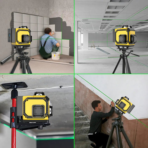 Ultra Bright Green Laser Level With 1M Tripod 4x360 Degree Lines Self Leveling 16 Line 4D Green Cross For Picture Hanging DIY Friendly Indoor Outdoor Use Battery Included as shown with tripod in action for tile installation and leveling on stairs and walls.