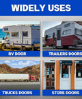 Image showing uses of Heavy Duty 304 Stainless Steel RV Door Latch And Holder For Trailers Campers Trucks And Shop Doors for RV, trailer, truck, and store doors.