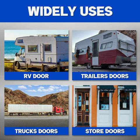 Image showing uses of Heavy Duty 304 Stainless Steel RV Door Latch And Holder For Trailers Campers Trucks And Shop Doors for RV, trailer, truck, and store doors.