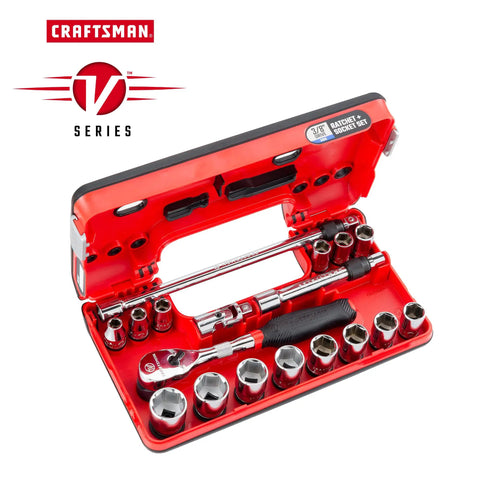 V Series 3 8 Inch Drive Socket Set, 18 Piece, Shallow Metric Sockets, 6 Point, Off Corner Design, Anti Slip Grooves in open case