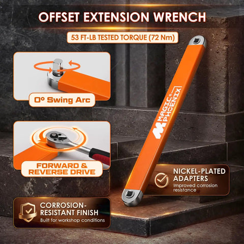 Offset Extension Wrench with Zero-Degree Swing, 15.4 Inch Reach, 3/8 Inch Drive, corrosion-resistant, nickel-plated adapters