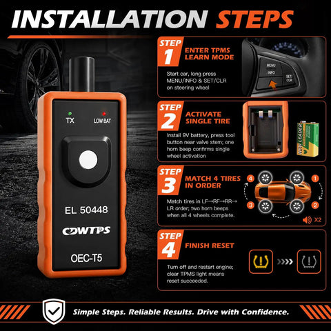 Installation steps for Universal Tpms Relearn Tool For Tire Pressure Sensor Activation For Gm Vehicles Chevy Buick Gmc Cadillac Supporting 315Mhz And 433Mhz Bands.