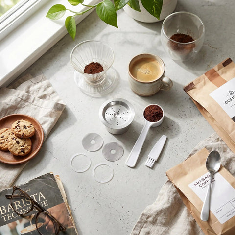 Double Filter Stainless Steel Reusable Coffee Pods With Fast Twist Screw Switch For Custom Ground Roasts displayed on a countertop with coffee, cookies, and brewing accessories.