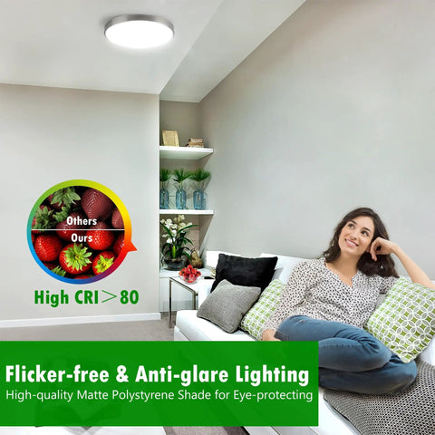 Living room with 12 Inch LED Ceiling Light With Five Color Temperature, woman relaxing on couch, features highlight