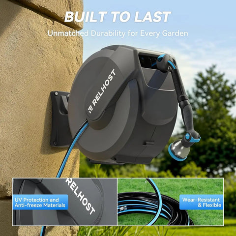 Dark grey Retractable Garden Hose Reel Workhorse 1/2 Inch x 100 Ft mounted on wall, with 10 pattern nozzle