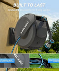 Dark grey Retractable Garden Hose Reel 120 Ft 1/2 Inch Wall Mount Heavy Duty Auto Rewind With 180 Degree Swivel Bracket mounted on wall