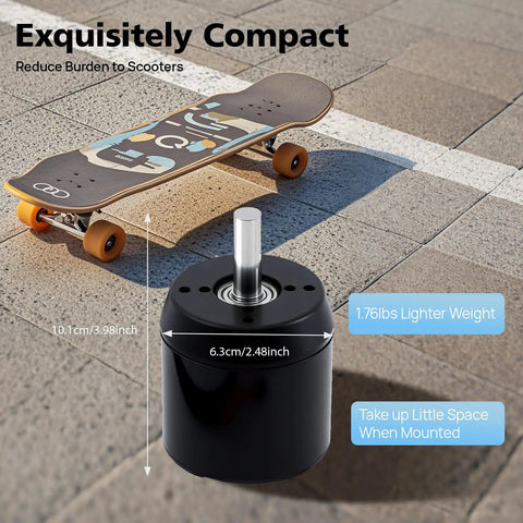 Top Shelf 170Kv Brushless Outrunner Motor With Hall Sensor Delivering A Beast Mode 2300W Output And 4080Rpm Spins For Electric Scooter Skateboard Surfboard DIY EV Builds In Black next to a skateboard, showcasing its compact size.