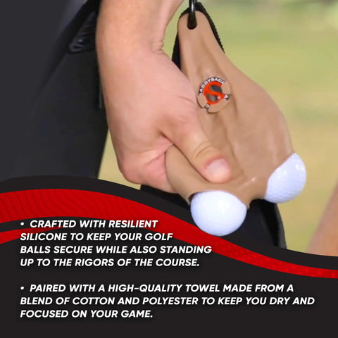 Funny Golf Gift Set With Ball Holder Silicone Pouch and 2 Golf Balls in hand, demonstrating secure clip and durable design.