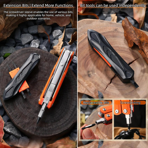 28-In-1 Pocket Multitool Pliers with Replaceable Bits on wood block, showcasing rugged black design and functionality outdoors.