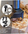 Top Bearing Router Bit Kit With Ball Bearings, Screws And Wrench For Router Bits, shown with wood shavings