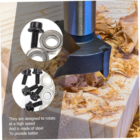 Top Bearing Router Bit Kit With Ball Bearings, Screws And Wrench For Router Bits, shown with wood shavings