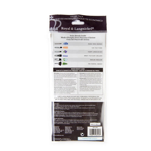 Back view of Royal & Langnickel Zip N Close 12 Piece Brush Set in vinyl pouch with brush density guide for acrylics and watercolor.