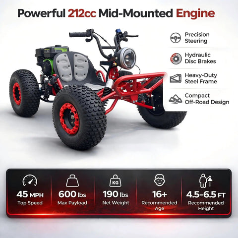 Beast 212cc 4 Stroke Off Road Go Kart With CVT Automatic Transmission, Hydraulic Disc Brakes, Electric And Pull Start, Neutral Forward Reverse, 8 Inch All Terrain Tires, LED Headlight Red
