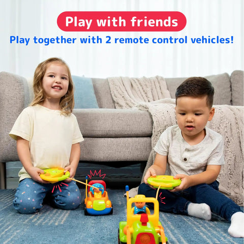 Two Pack Remote Control Cars For Toddlers, Truck And Tractor RC Toys with Easy Controllers, kids playing on carpet