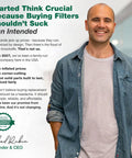 Man wearing denim shirt with air purifier filter advertisement with text and company founder details