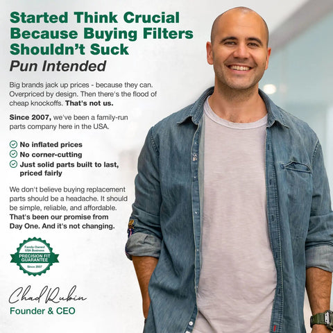Man wearing denim shirt with air purifier filter advertisement with text and company founder details