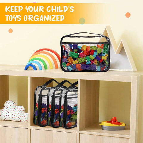 Clear See Through Toy Storage Bags 8 Pack With Zippers Portable Handle Travel Ready Organizer on shelf with toys
