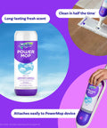 PowerMop Liquid Floor Cleaner Refills Fresh Scent 2 Count bottle attached to PowerMop device on wood floor