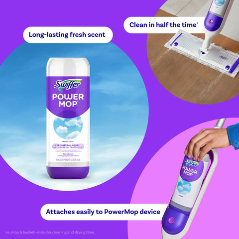 PowerMop Liquid Floor Cleaner Refills Fresh Scent 2 Count bottle attached to PowerMop device on wood floor