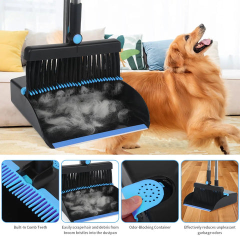 No Sweat Heavy Duty Broom And Dustpan Combo Set Crafted With A Rust Resistant Steel Handle To Manage Daily Sweeping Jobs Indoors Or Knock Dirt Off The Driveway Fast with a dog shedding fur.