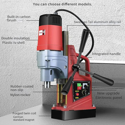 Top Rated 16Mm Magnetic Drill Press With Powerful 11500N Holding Force And 600rpm Speed for metal work, featuring integrated handle and electronic panel.