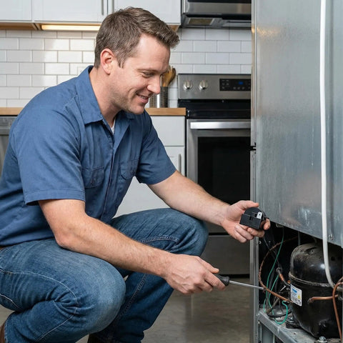 Man installing Fridge Compressor Start Relay And Overload Protector Kit 4 7 Ohm 1 Pin PTC in a refrigerator.