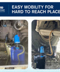 Heavy Duty Battery Powered Oil Transfer Pump Kit For Five Gallon Buckets With Ultra Fast Hose and Trigger Nozzle in use under a vehicle.