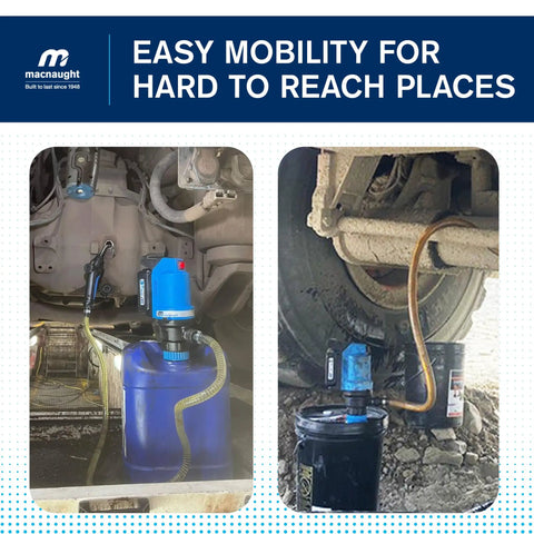 Heavy Duty Battery Powered Oil Transfer Pump Kit For Five Gallon Buckets With Ultra Fast Hose and Trigger Nozzle in use under a vehicle.