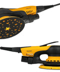 Top Tier 6 Inch Random Orbital Sander Featuring A Smooth Brushless Motor And Effective Dust Extraction Built For Rough Woodshop Jobs Drywall Sanding And Auto Detailing Comes With A Sturdy Zippered Case, showing top and side views.