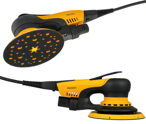 Top Tier 6 Inch Random Orbital Sander Featuring A Smooth Brushless Motor And Effective Dust Extraction Built For Rough Woodshop Jobs Drywall Sanding And Auto Detailing Comes With A Sturdy Zippered Case, showing top and side views.