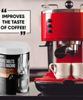 Pro Grade Espresso Machine Cleaning Tablets Kit, 100 Tablets For Jura, Miele, And All Brands next to red espresso machine.