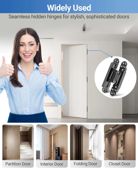 Upgraded Invisible Door Hinges 2 Pack Black 6 Inch Concealed Hidden Hinges For Doors With 3 Way Adjustable And 180 Degree Swing Copper Support Heavy Duty 88 Lb Load Bearing shown installed in various door types.