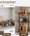 Before and after image showing 3 Tier Lazy Susan Spice Rack Rotating Turntable Organizer For Cabinet, Countertop And Pantry Spins Smooth Like A Boss With A 360 Degree Spin Rustic Brown And Black Finish SR23BR 10.2 X 10.2 X 18 Inches organizing a cluttered kitchen countertop.