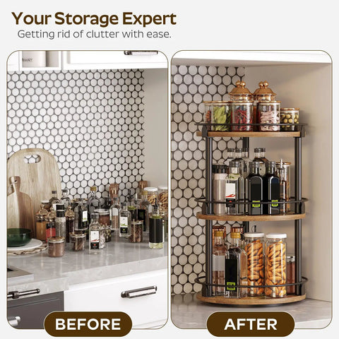 Before and after image showing 3 Tier Lazy Susan Spice Rack Rotating Turntable Organizer For Cabinet, Countertop And Pantry Spins Smooth Like A Boss With A 360 Degree Spin Rustic Brown And Black Finish SR23BR 10.2 X 10.2 X 18 Inches organizing a cluttered kitchen countertop.