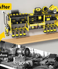Power Tool Organizer Wall Mount With Locking Drawers, Grinder Holder, Hammer And Pliers Rack, Built In Six AC Outlets Charging Station shown installed in garage.