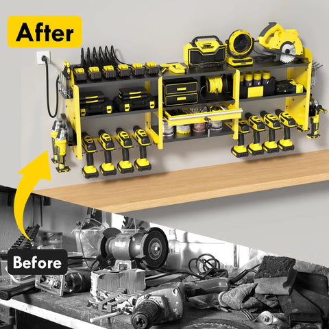 Power Tool Organizer Wall Mount With Locking Drawers, Grinder Holder, Hammer And Pliers Rack, Built In Six AC Outlets Charging Station shown installed in garage.