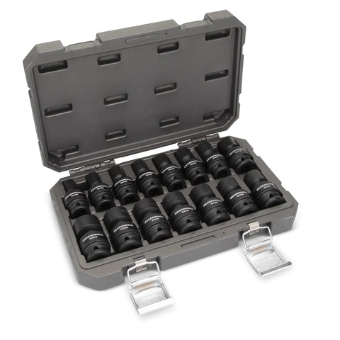 1/2 Inch 6 Point Metric Universal Impact Socket Set, 15 Piece, Built Tough In Cr-Mo Steel With Off Corner Loading To Prevent Fastener Rounding