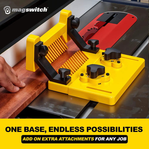 Ultra Handy Woodworking Starter Kit With Featherboard, Mounting Push Block And Magnetic Base Clamp Holder in use on table saw