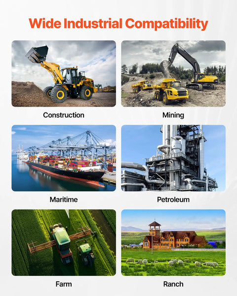Wide industrial compatibility with images of construction, mining, maritime, petroleum, farm, and ranch environments.