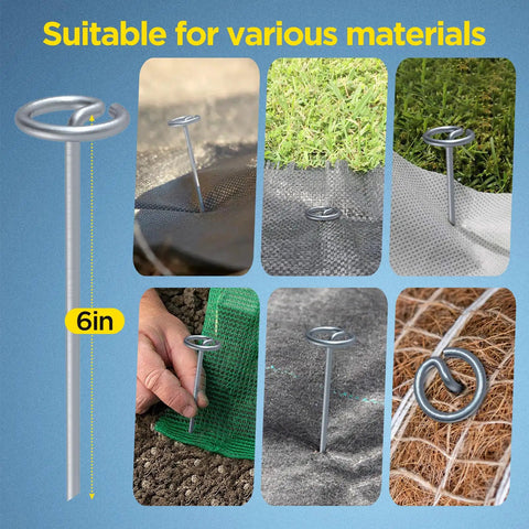 Thick 8 Gauge Circle Top Landscape Pins Stakes Galvanized 6 Inch Garden Staples for fabric installation shown in various settings.
