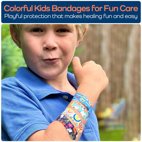 Kids' colorful bandage wristbands worn on a child's forearm