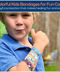 Child wearing colorful bandages on arm outdoors, demonstrating usage of Tiny But Mighty Travel First Aid Kit For Kids