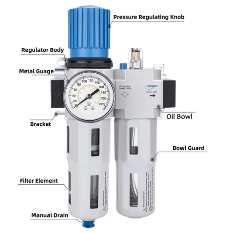 Front view of Half Inch NPT High Pressure Air Filter Regulator Lubricator Combo With Water And Oil Trap Separator Gauge 0 To 230 Psi