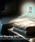 Brushed Nickel GFCI Outlet With Integrated LED Night Light Tamper Proof Receptacle mounted near clean towels in a laundry area.