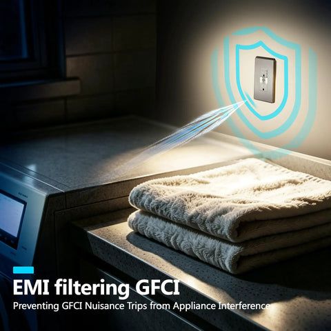 Brushed Nickel GFCI Outlet With Integrated LED Night Light Tamper Proof Receptacle mounted near clean towels in a laundry area.