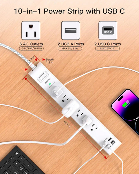 Two Pack 10ft Extension Cord Power Strips With Surge Protection 6 AC Outlets And 4 USB Ports Ultra Thin Flat Plug 1080 Joules Protection And Built In Circuit Breaker Perfect For Home Office And Entertainment Setups. White power strip on desk with USB C ports