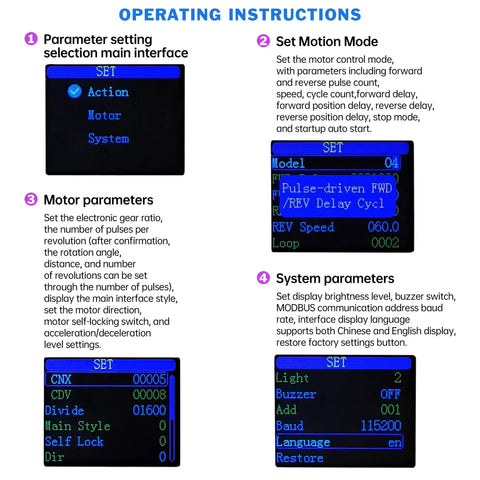 ZK-SMC05 Servo And Stepper Motor Drive Controller With Built-In MOSBUS Protocol operating instructions and LCD parameter screens