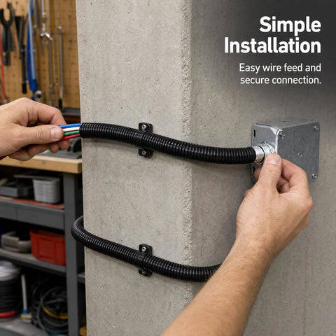 Built Tough Workhorse Corrugated Flexible Conduit Pipe With Compression Fitting Connector For Electrical Cable Routing And Wiring Harness Protection Rated At 20 Bar Pressure In A Sturdy 19 Millimeter Coil installed on a wall.
