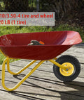 Red wheelbarrow with a 4.10/3.50-4 tire and yellow frame shown on wooden decking